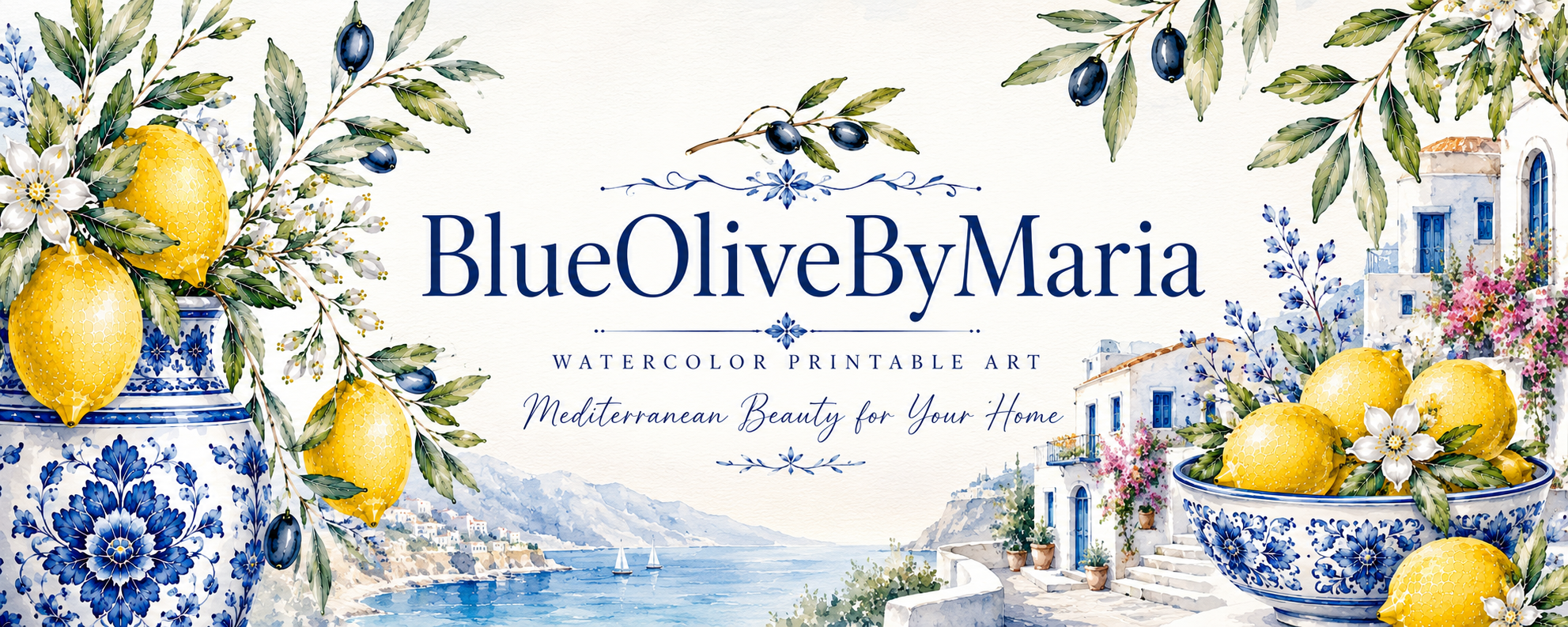 Blue Olive By Maria Mediterranean Printable Art Banner
